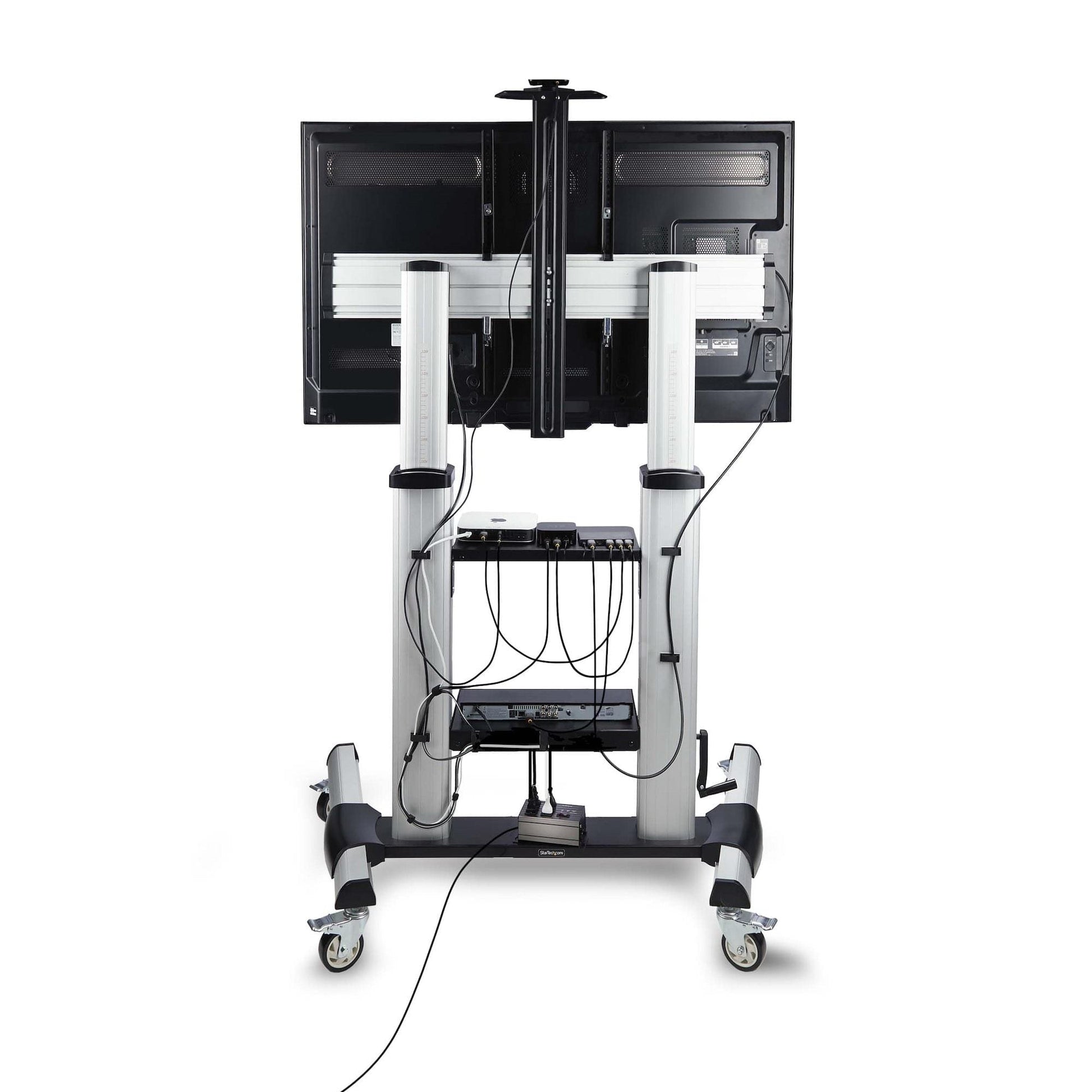 Open-frame TV rolling stand cart with cable management, shelves, and caster wheels