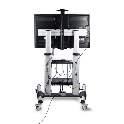Open-frame TV rolling stand cart with cable management, shelves, and caster wheels