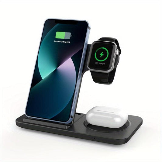 3-in-1 wireless charger stand with phone pad, watch cradle, and earbud base