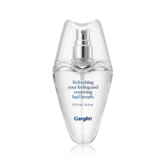 Garglin fresh breath mint spray bottle with silver pump, clear liquid container