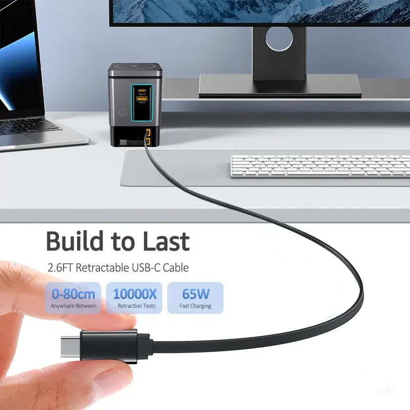 Black desktop charging dock with retractable USB-C cable extended from front panel