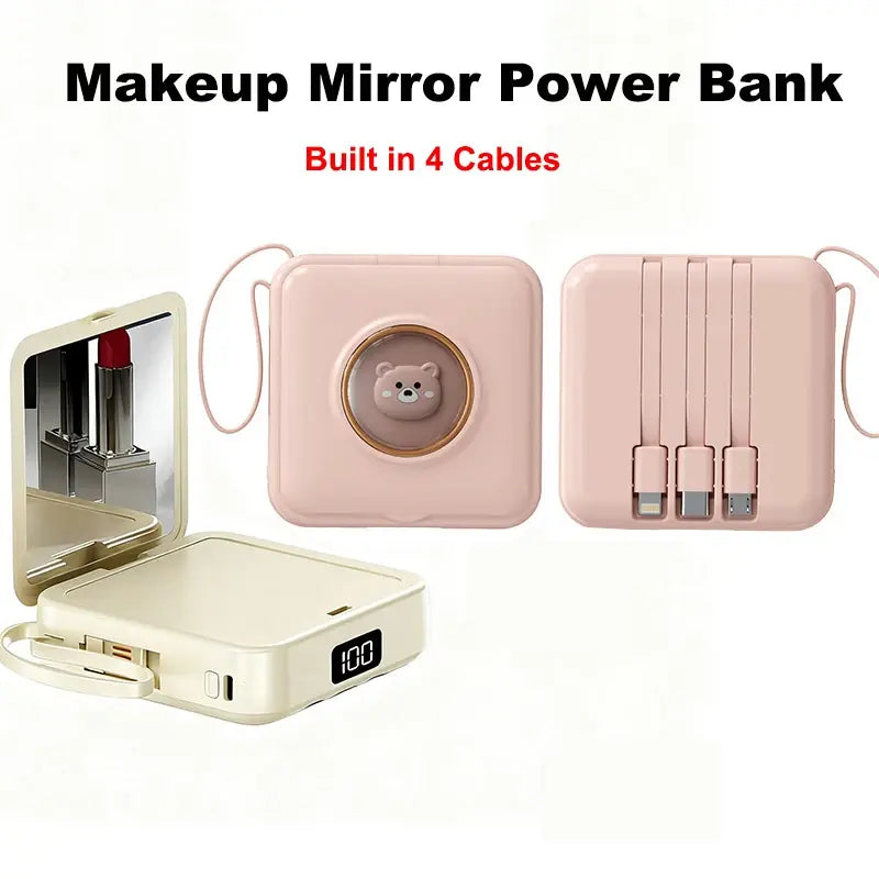 Pink and cream makeup mirror power banks with pet cartoon faces and built-in cables