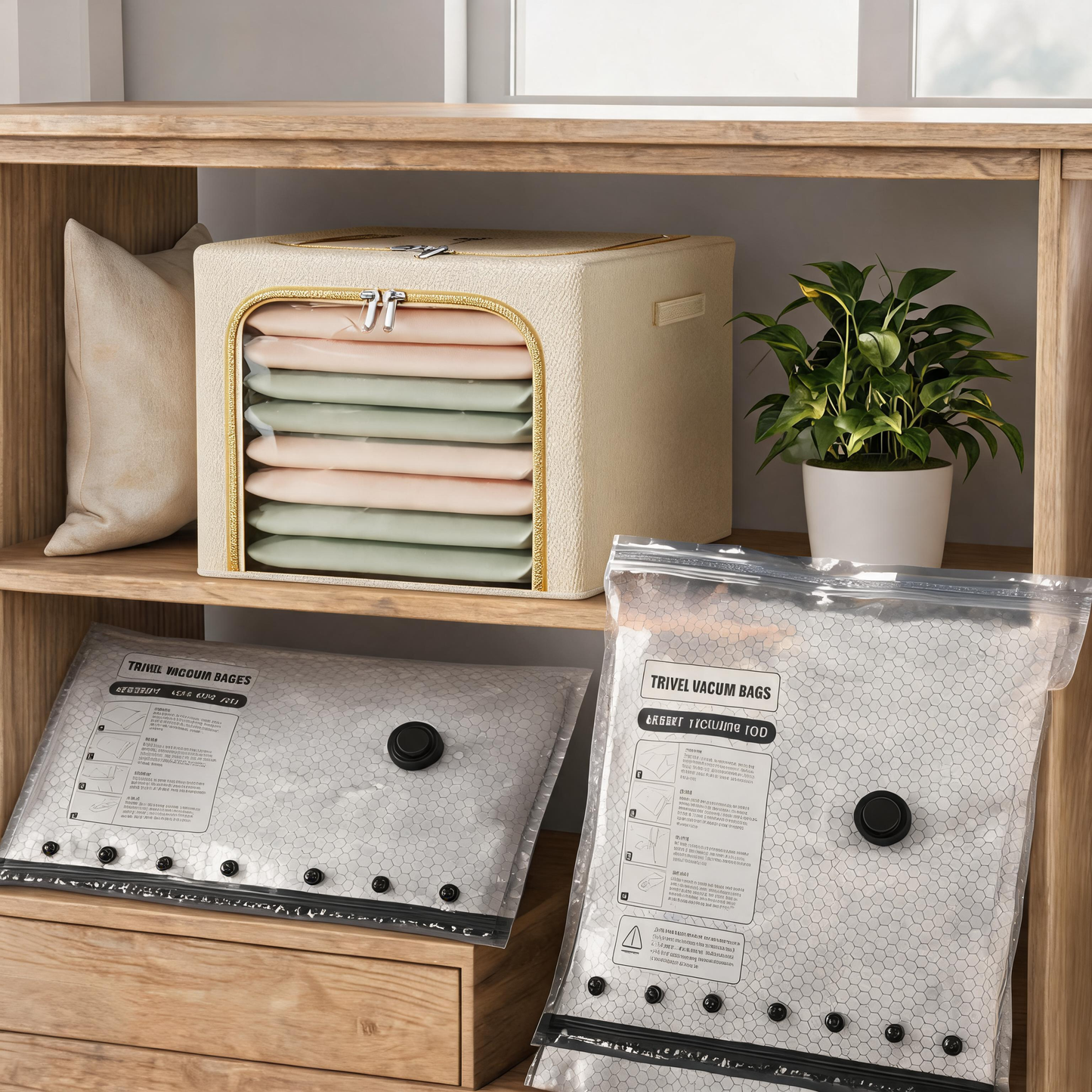 49L Large-Capacity Fabric Storage Bin & 6-Piece Vacuum Compression Bag Set — Reusable Compression Storage Combo Kit