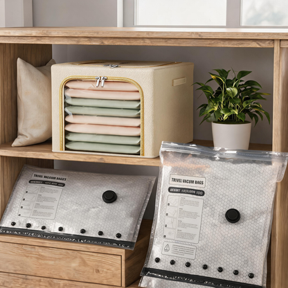 49L Large-Capacity Fabric Storage Bin & 6-Piece Vacuum Compression Bag Set — Reusable Compression Storage Combo Kit