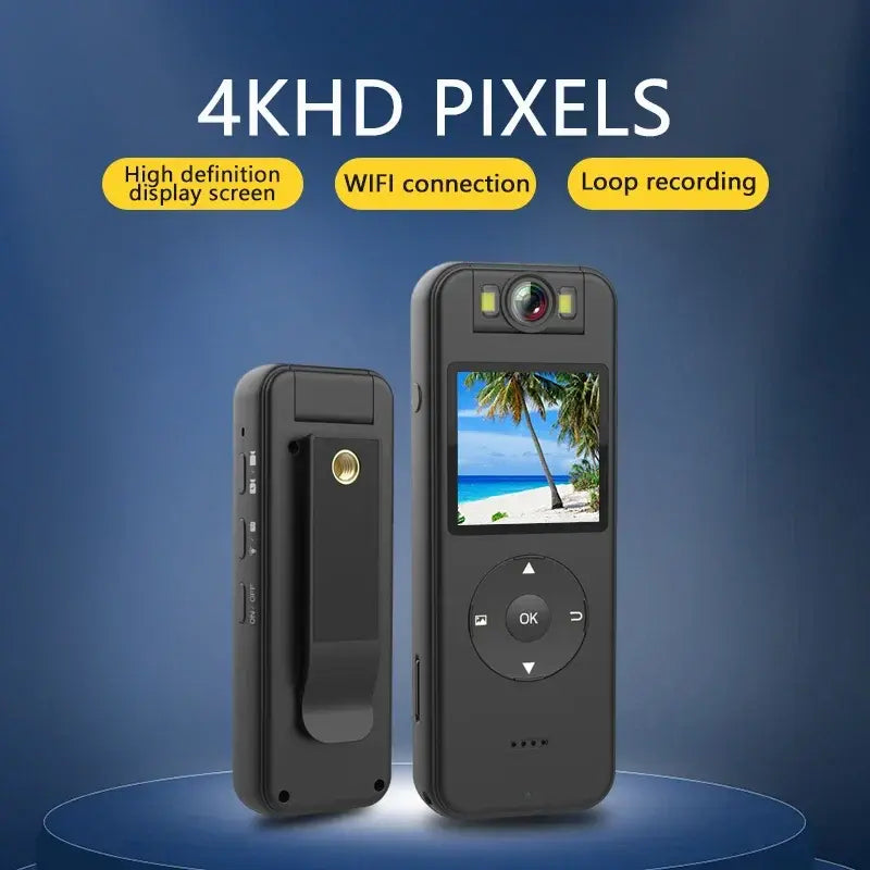 Black handheld camcorder shown front with LCD screen and back with port area