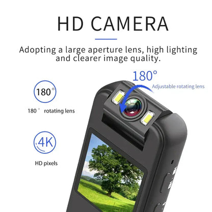 Black HD camcorder with front LCD screen and adjustable rotating lens