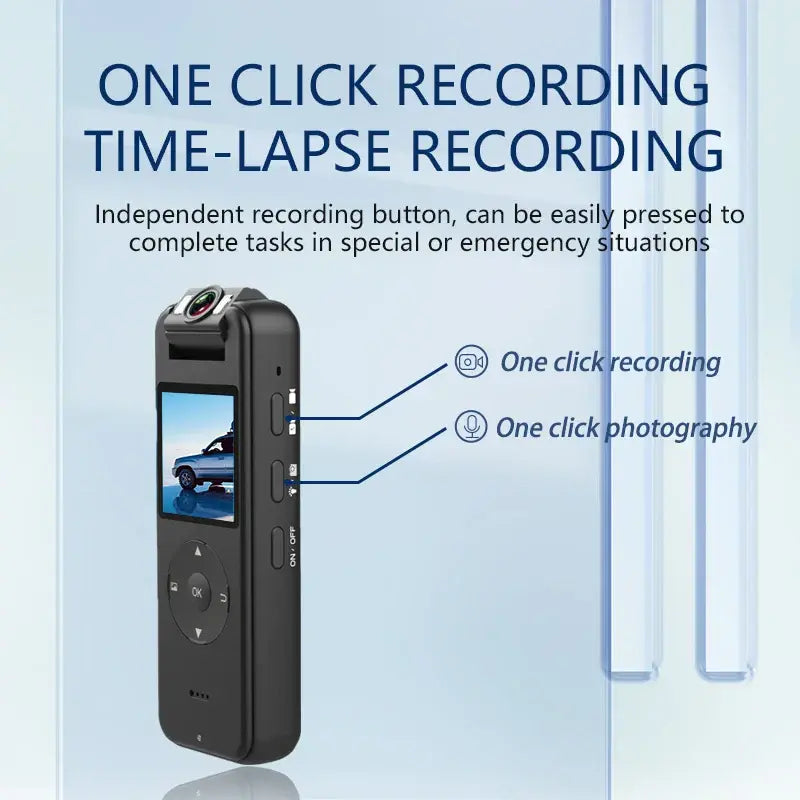 Black handheld camcorder with front LCD screen and visible side control buttons
