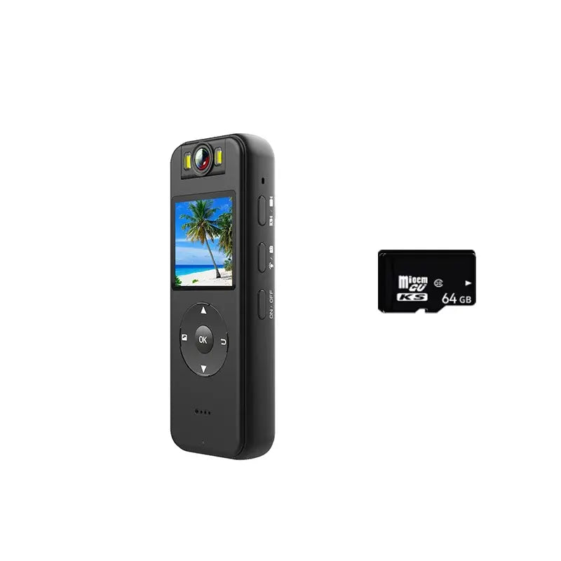 Black handheld camcorder with LCD screen and buttons, shown with 64GB microSD card