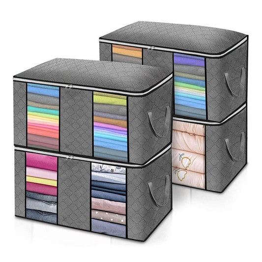 Gray foldable clothing storage cube stack with clear window panels and side carry straps
