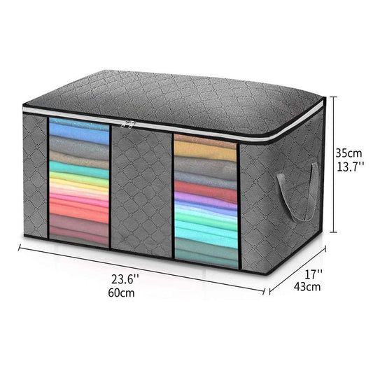 Gray foldable clothing storage cube with clear window panels and top lid carrying handles