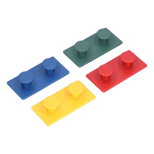 Self-adhesive wall hook set with two pegs each: blue, green, red, yellow pieces.