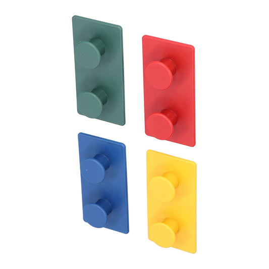 Self-adhesive wall hook plates with two pegs each in green, red, blue, and yellow.