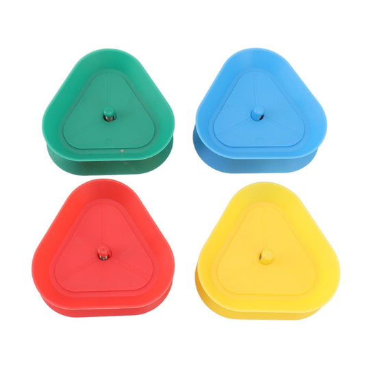 Triangle spring card holder set in green, blue, red, and yellow, each with a center pin