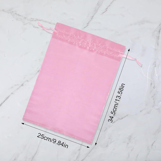 Pink satin wig bag, satin pouch with drawstring; 25 x 34.5 cm