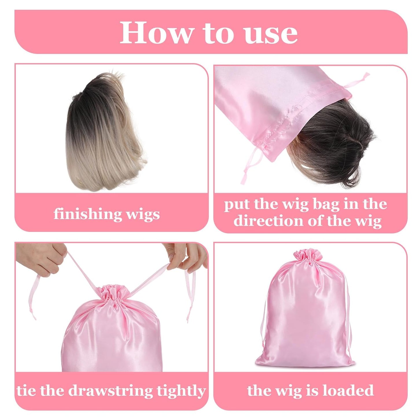 4Pcs Wig Bags with Satin Drawstring,Pink Wig Bags Storage for Wigs Extension Bundle