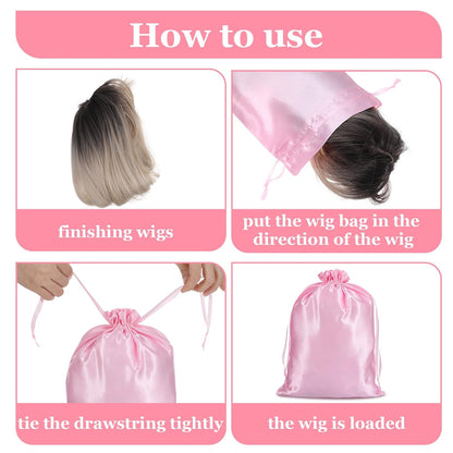 4Pcs Wig Bags with Satin Drawstring,Pink Wig Bags Storage for Wigs Extension Bundle