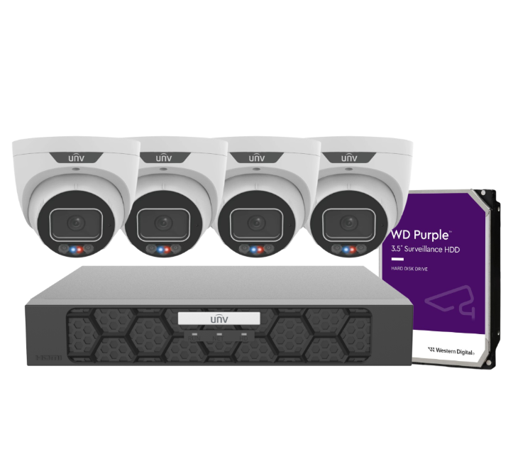 Uniview 8 MP Triguard Turret CCTV Kit – 4× IPC3638SS‑ADF28KMC‑I1 Cameras + 4‑Channel PoE NVR501‑04B‑P4‑IQ (HDD Optional)