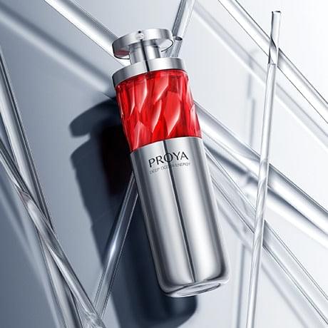 PROYA firming essence bottle with silver cap and red label, angled view
