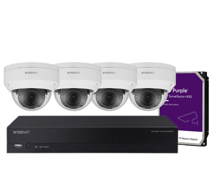 Hanwha Wisenet 4‑Camera CCTV Kit – CT‑ANV‑L7082R 4 MP Dome + CT‑ARN‑410S 4‑Ch 8 MP AI NVR with 1 + HDD – Outdoor Vandal‑Resistant, H.265, PoE