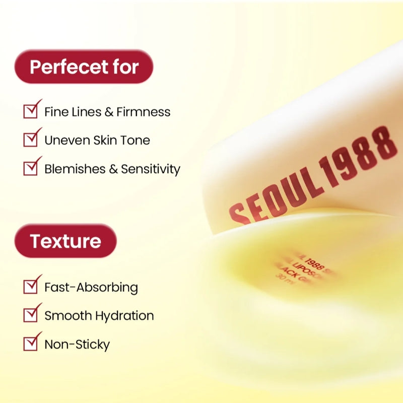 Retinal serum bottle with benefit icons for fine lines, uneven tone, fast-absorbing texture