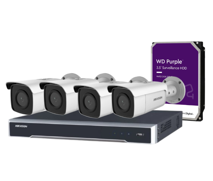 Hikvision 8MP CCTV Kit with 4 DS-2CD2T86G2-2I/4I Bullet Cameras + 4-Channel PoE NVR DS-7604NI-M1/4P + HDD – AcuSense, DarkFighter, IP67 Rated
