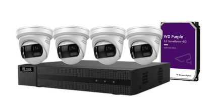 HiLook 4-Channel CCTV Kit with IPC-T289PH-MU/SL 8MP 180° Panoramic Cameras + 4K PoE NVR + HDD – IP67 Outdoor Surveillance System with Smart IR, Two-Way Audio & Deterrence