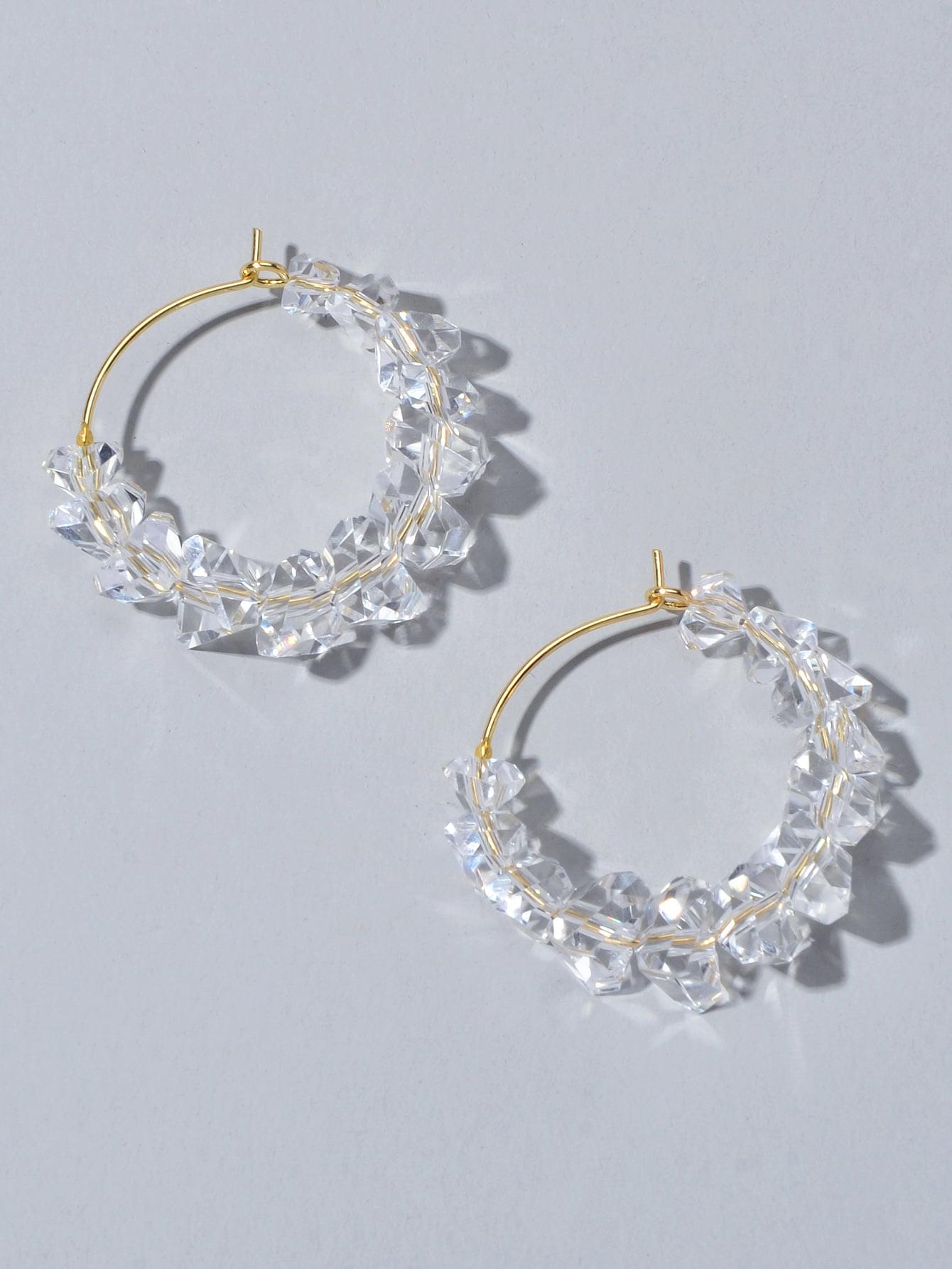 Clear acrylic bead hoop dangle earrings with gold-tone hooks, round hoops