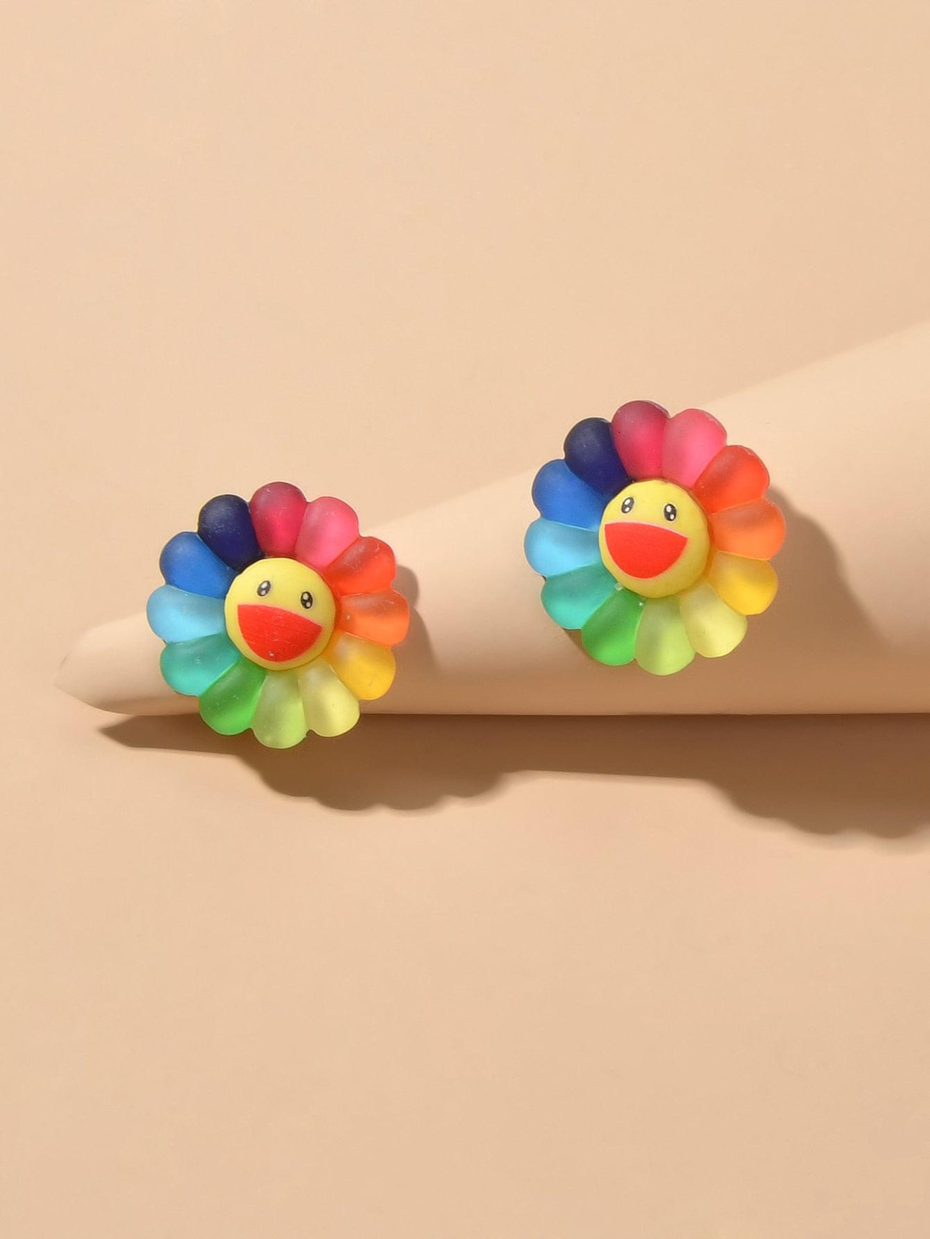 Flower-shaped acrylic smile face stud earrings with rainbow petals and red smiling center