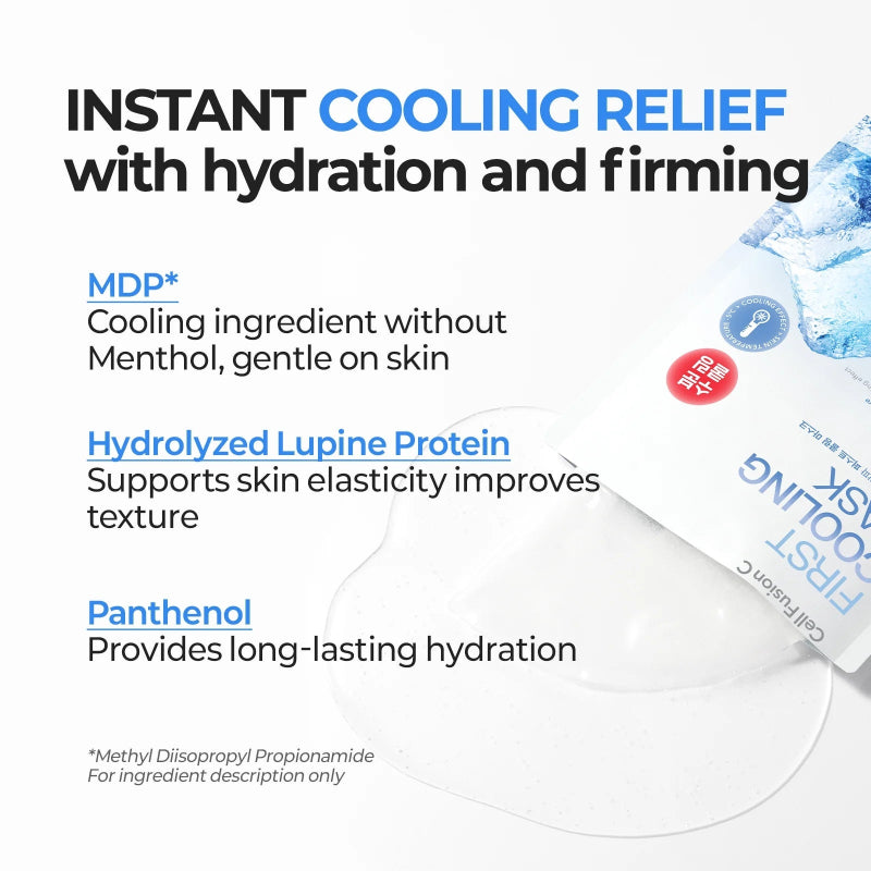 Sheet mask benefit panel showing hydration and firming ingredients: panthenol and proteins