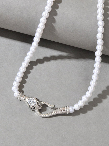 Double-row pearl bead choker necklace with silver-toned snake charm and crystal-like stones
