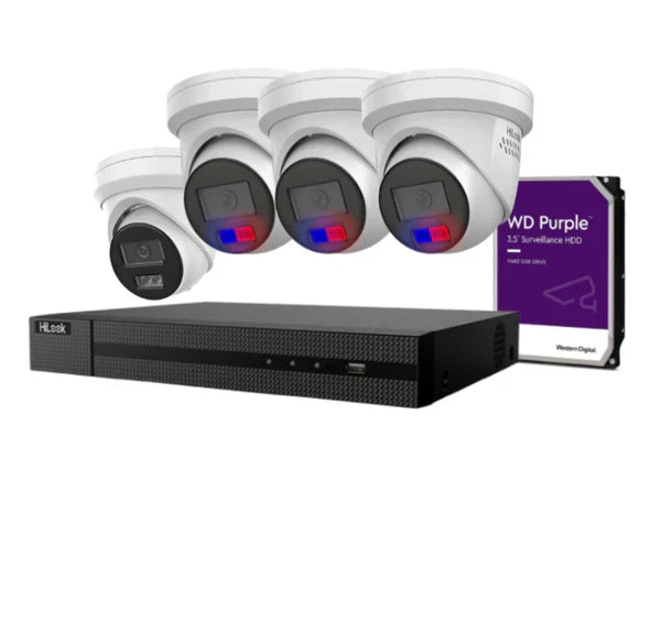 HiLook 6MP AI Fixed Turret CCTV Kit with Dual Microphone, Strobe Light, and 4K PoE NVR – IPC-T269H-MU/SL, IPC-T361H-MU-AUS, NVR-108MH-C/8P, NVR-104MH-C/4P