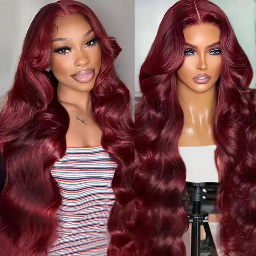 Burgundy body wave lace wig with glossy deep waves and side part