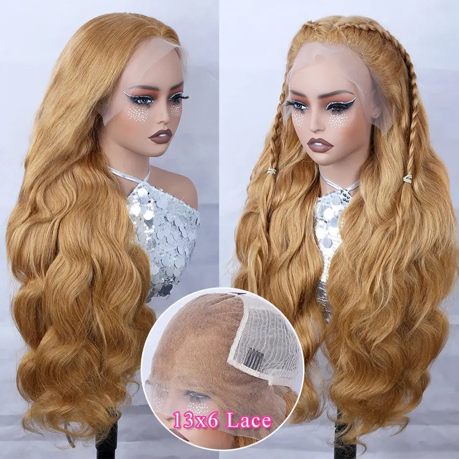 Honey blonde body wave lace front wig on mannequin, lace visible at hairline