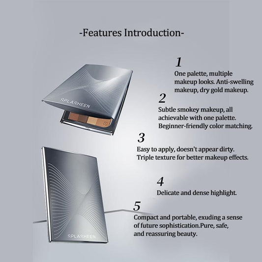 Compact face palette with multiple makeup shades in a silver case