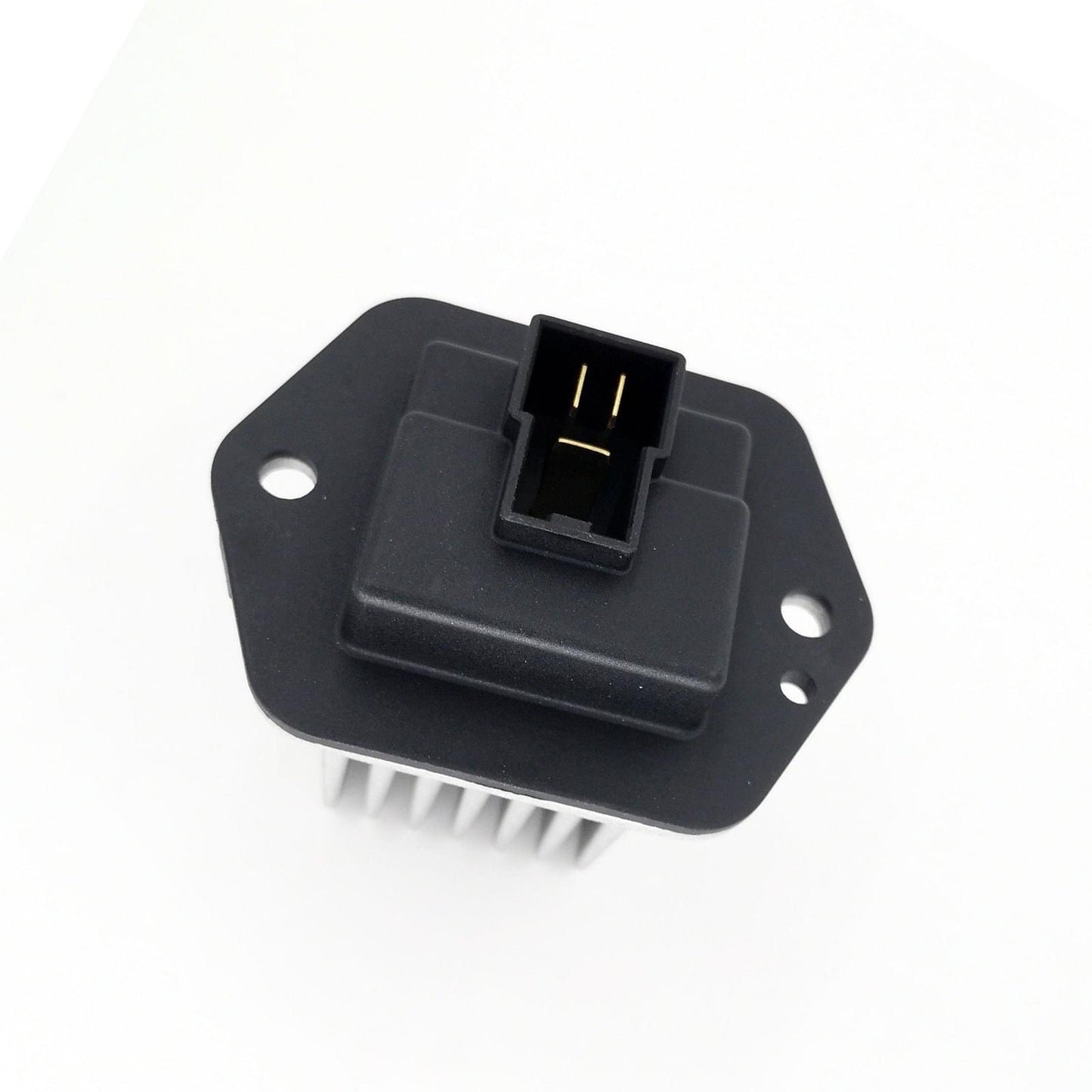 Heater fan resistor with black base, silver fins, and gold-pin connector socket