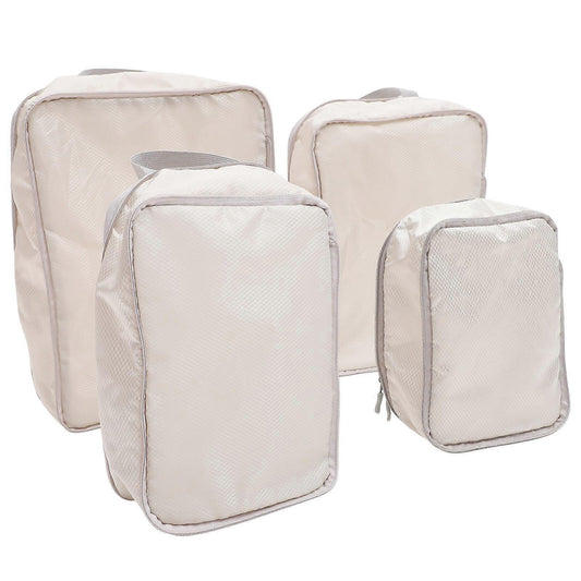 Travel compression packing cubes set, beige fabric with zippers, four sizes