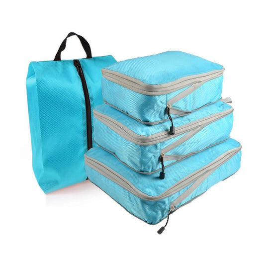 4-pack compression packing cubes with zippers and carry handles, light blue