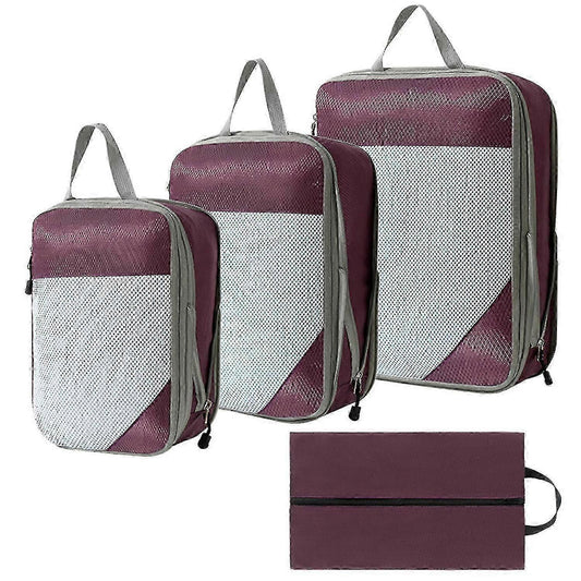 Compression packing cubes with handles, maroon and gray mesh, plus folded storage pouch.