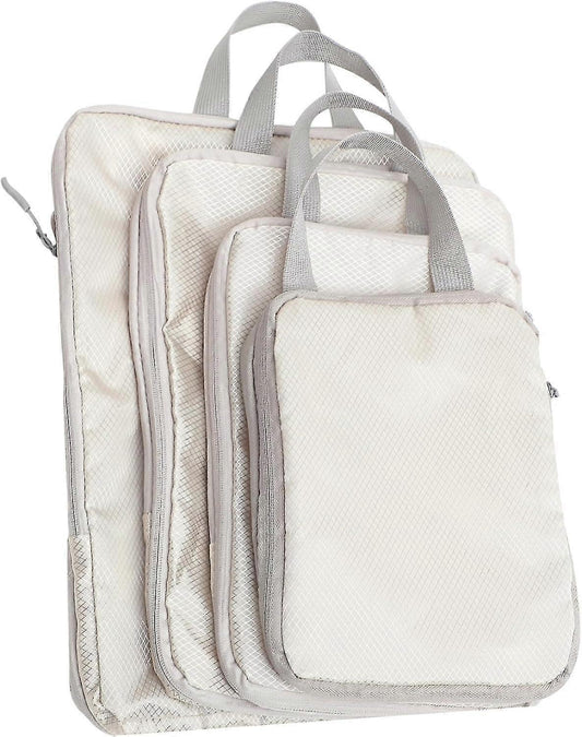 Cream hanging travel organizer bag with multiple zippered cube compartments