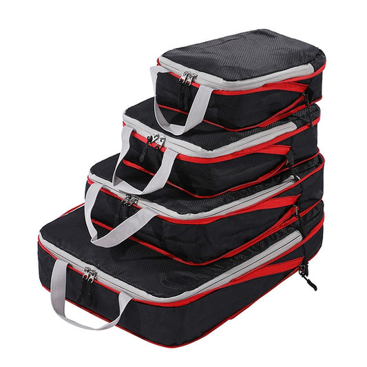 Packing cube organizer set, 4 black fabric cubes with red trim and gray handles
