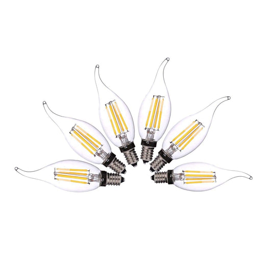 6 E14 LED flame-tip candle bulbs with cool white filament, clear glass