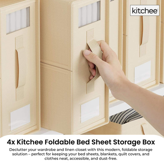 Beige linen storage box with windowed label pocket and built-in pull handle