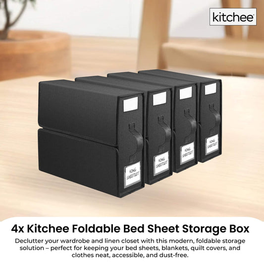 Set of 4 black foldable storage boxes with clear window panels and label fronts
