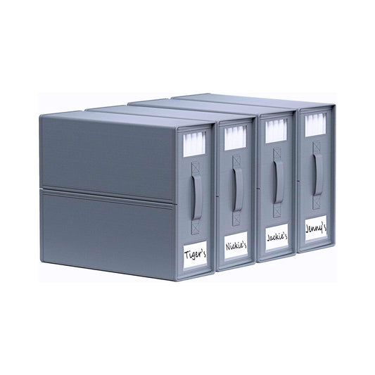 Grey foldable storage box set of four labeled compartments with clear windows