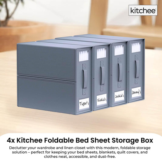 Grey foldable storage boxes with stacked hinged lids and four front label panels