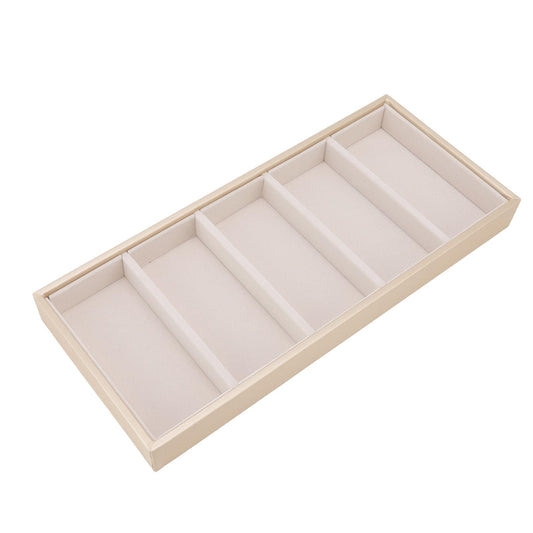 Beige 5-slot glasses storage case with five padded compartments and divider rails