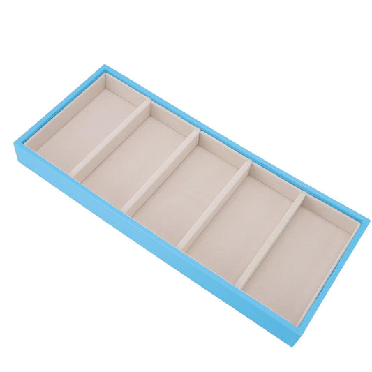 Light blue 5-slot glasses case with three visible beige compartments and side dividers