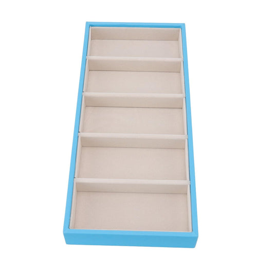 Light blue 5-slot glasses storage case with beige padded dividers, open front view