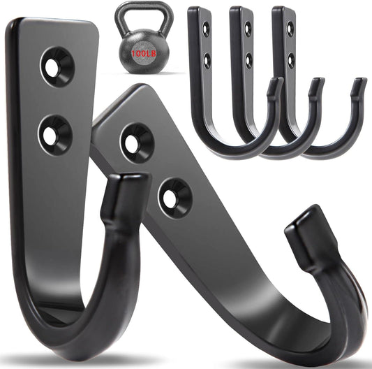 Black heavy-duty multi-hook wall hanger with curved arms and mounting holes