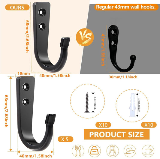Black U-shaped wall hook with mounting holes and curved hanging ends